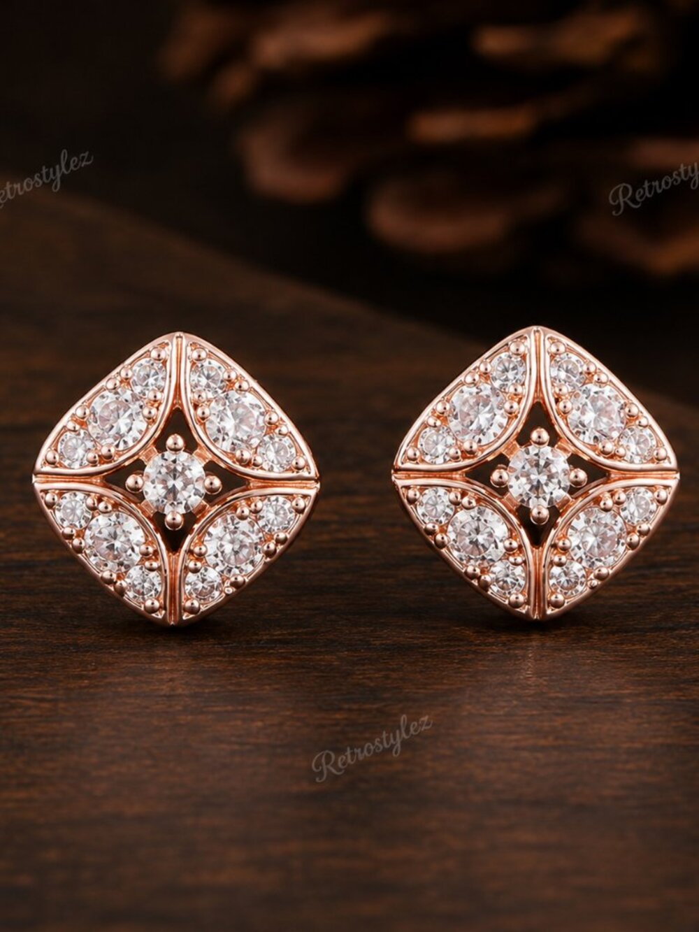 18K Pink Rose Gold Womens Square 2ct Diamond Stud Earrings 18 K Silver 1/2" Size